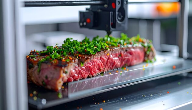 Grilled beef steak topped with fresh herbs on a metal surface using a 3D printer for innovative culinary presentation