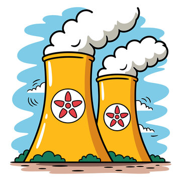 Cartoon nuclear power plant towers emitting smoke