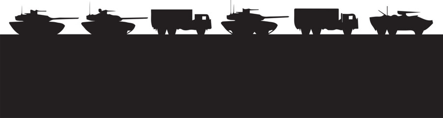 Military vehicles silhouette vector illustration tanks trucks and armored convoy formation © MDRAYHAN