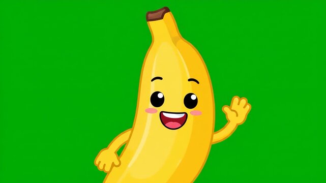 Cute animated banana character laughing joyfully in 4k motion video footage on green screen background