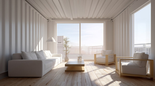 Interior of a modular humanitarian housing unit, minimalist furniture, light wood and white surfaces, Sustainable Displacement Solution, soft morning sun through a high window, opt
