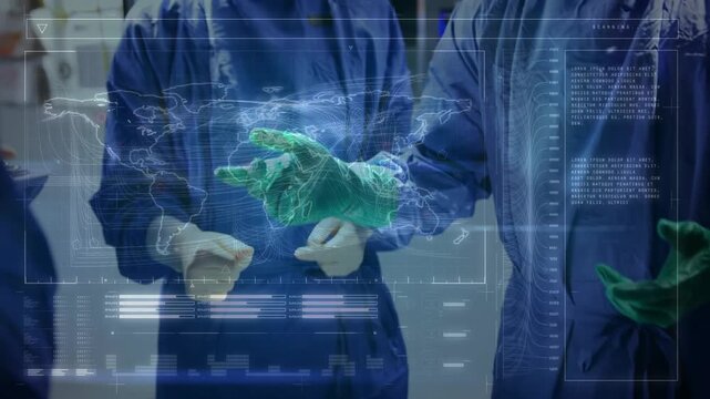 Surgeons consulting holographic UI, moving hands forward, donning green gloves, preparing surgery
