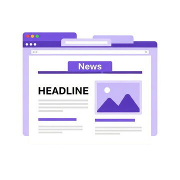 A purple browser window with a news article on the screen isolated on transparent background
