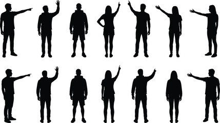 people silhouette set, pointing gesture collection, human figure silhouettes, man and woman silhouettes, isolated black silhouettes, body language poses © Ashadujjaman