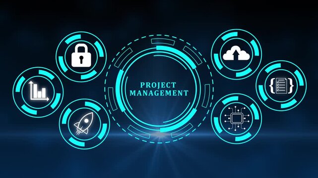 Project management concept illustrated with icons on a futuristic blue background