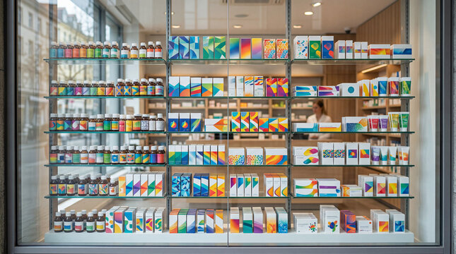 A pharmacy storefront window displays neatly arranged shelves with a variety of colorful medicine boxes and bottles. The modern, bright interior of the pharmacy can be seen in the background, with a p