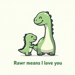 Obraz premium Cute cartoon baby dinosaur holding adult dinosaur hand affectionately in cheerful flat illustration style