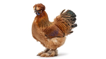 A fluffy brown Silkie chicken with unique feathered feet stands gracefully on a white background.