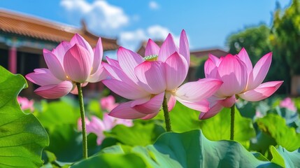 Pink lotuses bloom near temple; sunny day