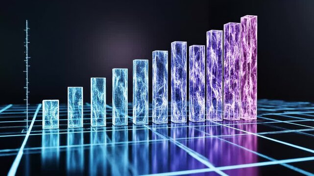 Bar chart with glowing reflections sequential growth animation