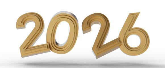 2026 year number illustration, gold wooden 3d style. Ideal for New Year greetings, future planning and celebrations. Sui © vegefox.com