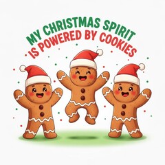 Fototapeta premium Three cheerful gingerbread cookie characters with Santa hats celebrating holiday spirit in flat cartoon vector design