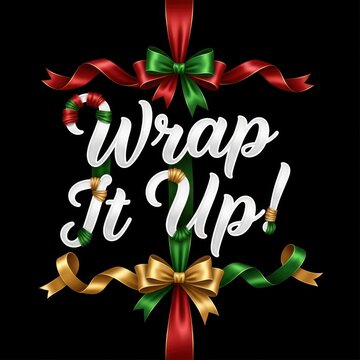 Holiday themed flat vector gift wrapping ribbon design with festive candy cane and bows saying wrap it up