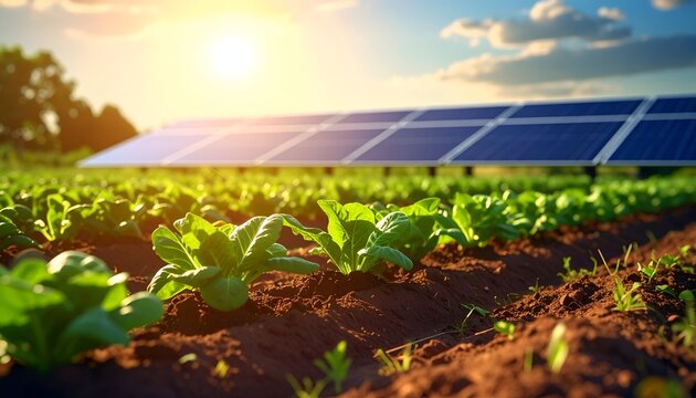 Rows of vibrant green lettuce plants flourish under the sun supported by solar panels in a sustainable farming approach merging agriculture and renewable energy