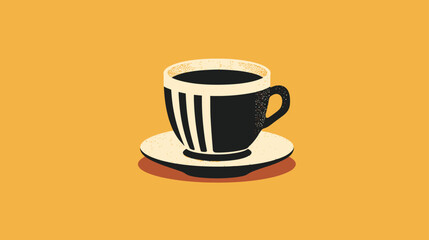 Obraz premium Minimalist graphic illustration of a black and white striped coffee cup with a saucer on a warm orange background.