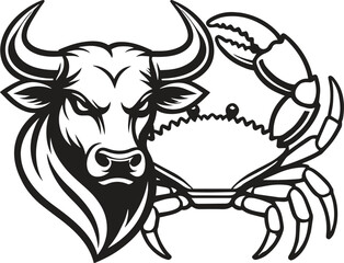 Obraz premium Strong Bull Head and Crab Claw Mascot Vector Illustration