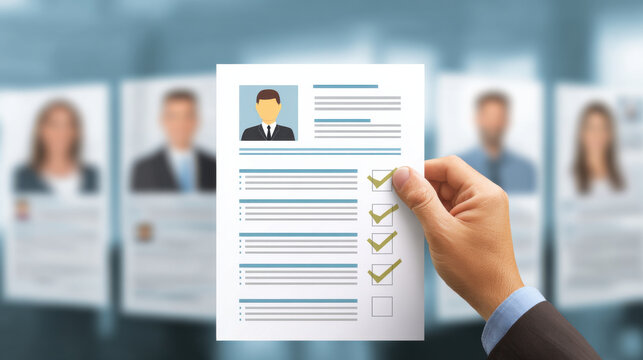 Human hand holding resume document profile selection hiring recruitment concept