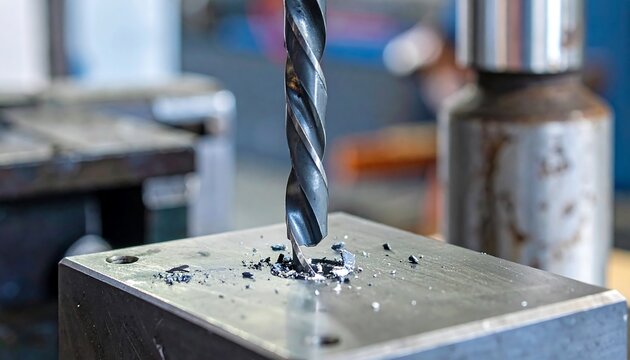 A close-up view capturing the precise moment a rotating drill bit penetrates metal, creating shavings