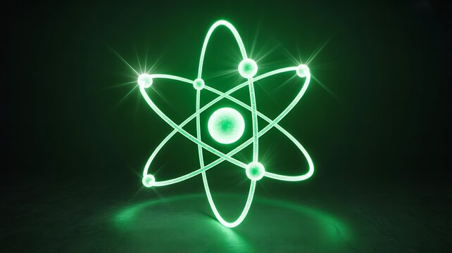 Glowing atom symbol with neon light on dark green background