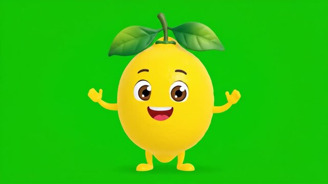 Cute animated lemon character waving happily in 4k motion footage on green background, cheerful fruit mascot video clip