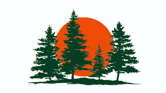 Stylized Pine Tree Forest Silhouette with Orange Sun Illustration. Evergreen Conifers at Sunset or Sunrise Graphic Design Element.