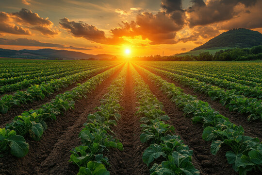 Sunset illuminates a field of tobacco plants, creating a warm and serene glow.