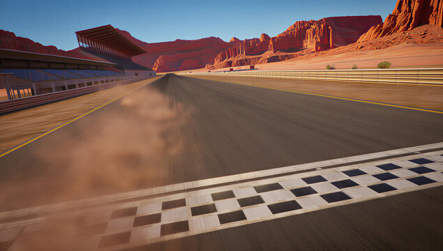 Desert race track with checkered finish line, empty asphalt racing circuit in red rock canyon, professional motor sports arena at sunset
