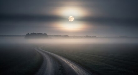 Dramatic night landscape with moon road fog and trees