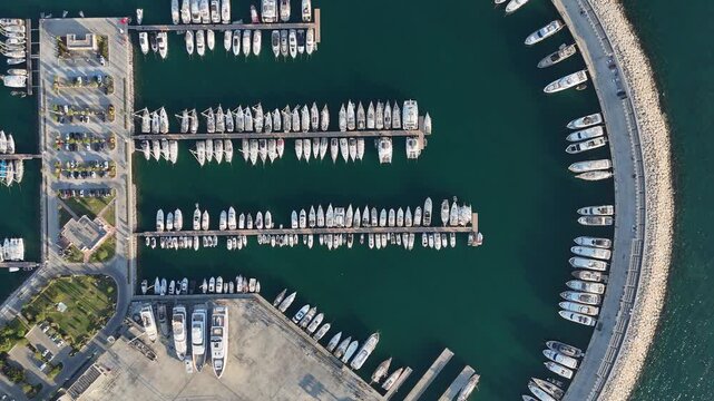 Top Down Drone View Of Didim Marina With Luxury Yachts 4K