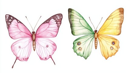 Obraz premium Bright butterflies in watercolor illustration on white background showing spring colors and designs