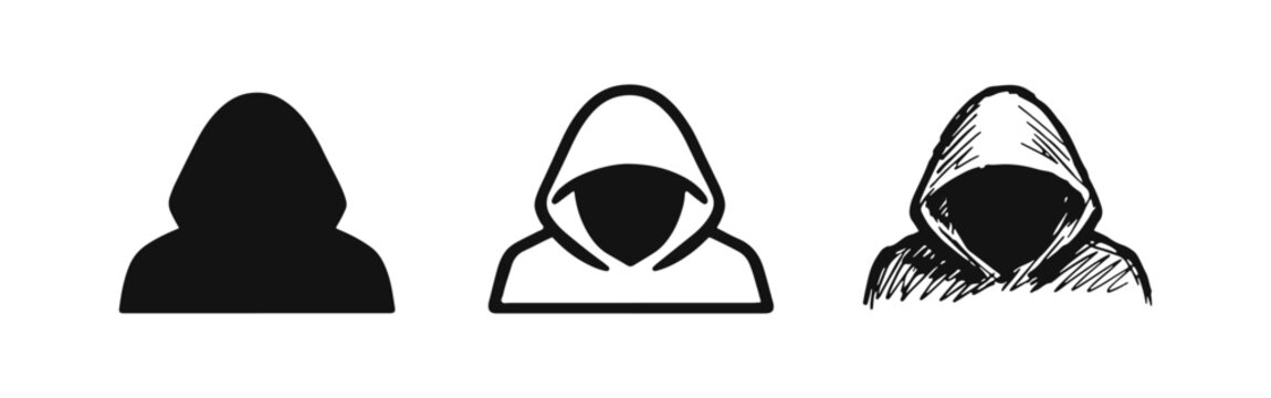 Hooded Figure Icon Set: Anonymous Person Silhouette, Outline, and Hand-Drawn Styles.