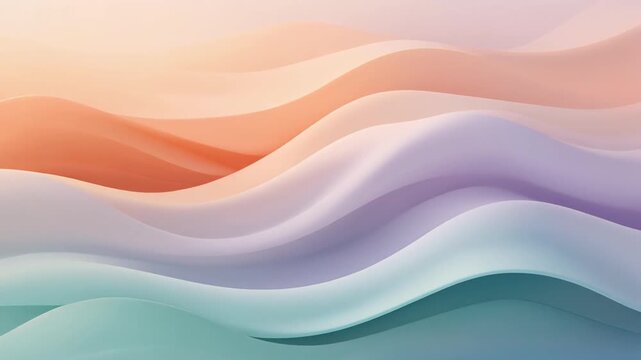 Abstract flowing waves move in slow motion across a soft pastel background featuring peach teal and lavender colors for a seamless 3D illustration video.