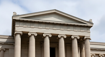 Fototapeta premium A grand neoclassical building facade with six tall columns and a triangular pediment viewed from below under a cloudy sky