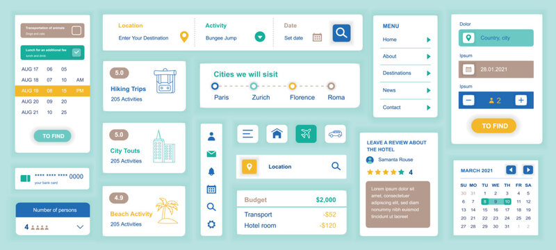 Travel agency mobile app template with user interface elements. Bundle of UI, UX, GUI kit with calendar date, search destination, trip, city tour, transportation, hotel, more. Vector illustration.