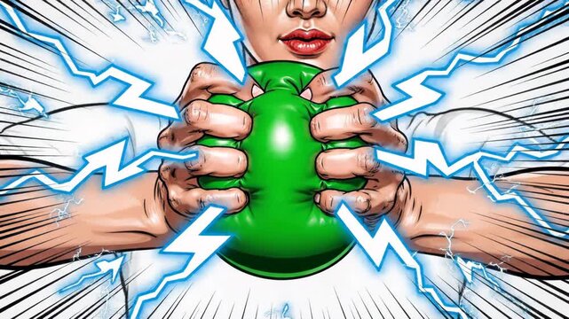 Man squeezing green stress ball with electric shock energy 4k video