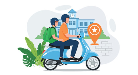 Delivery man riding blue scooter with passenger wearing helmets on city street background with location pin and school building for food or parcel transport app © Risje Kfhe