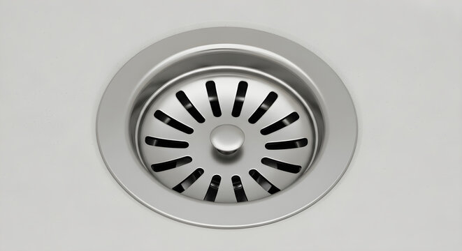 Top view of a stainless steel sink drain with a circular perforated cover on a plain surface