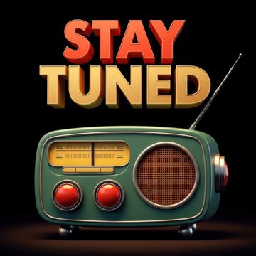 Vintage retro radio receiver with antenna broadcasting stay tuned message in bold 3d rendered illustration style