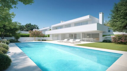 Fototapeta premium Modern luxury home with swimming pool under a bright blue sky