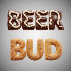 3D pretzel letters spelling 'BEER' and 'BUD' with chocolate and sesame seeds