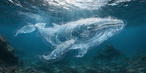 Naklejka premium Transparent whale made of ocean water swimming through coral reef under deep blue sea with sunlight rays piercing surface