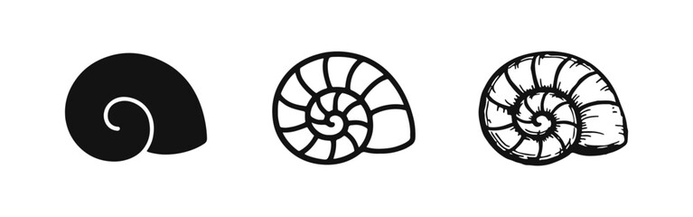 Set of Snail Shell Icons in Different Styles - Solid, Outline, and Hand-Drawn Vector Illustration © drawing lines