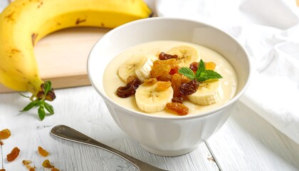 A close-up shot of a creamy dessert in a white bowl, garnished with fruit slices and raisins, with a banana nearby