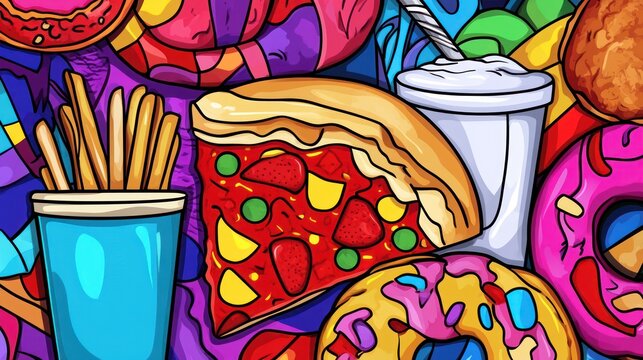 Colorful fast food illustration. Vibrant array of treats and beverages