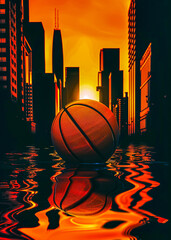 a basketball sitting on the surface of water in front of a city skyline during sunset with orange hu