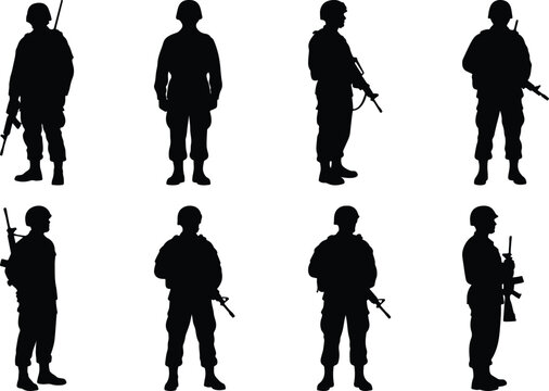 Collection of eight diverse black silhouette illustrations of soldiers in uniform, holding rifles, in various standing poses and angles.