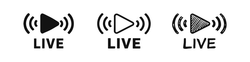 Live streaming and broadcast icon set with play symbol and text in various styles, ideal for online content.