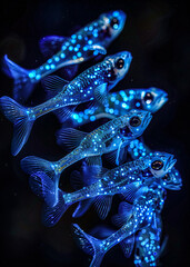 Glowing blue fish swimming together in the dark water with spots school of fish glowing blue dark ba