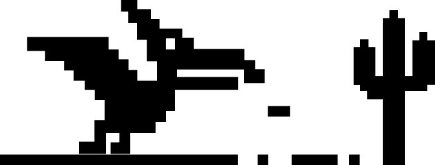 Dinosaur pixel icon retro game style vector silhouettes and outline illustrations, prehistoric animals, desert cactus scene, isolated design element. © WaQar