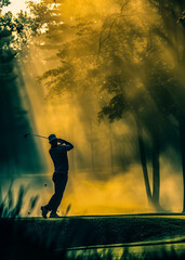 a golfer in silhouette swinging a golf club on a foggy course golf course golfer silhouette foggy mo